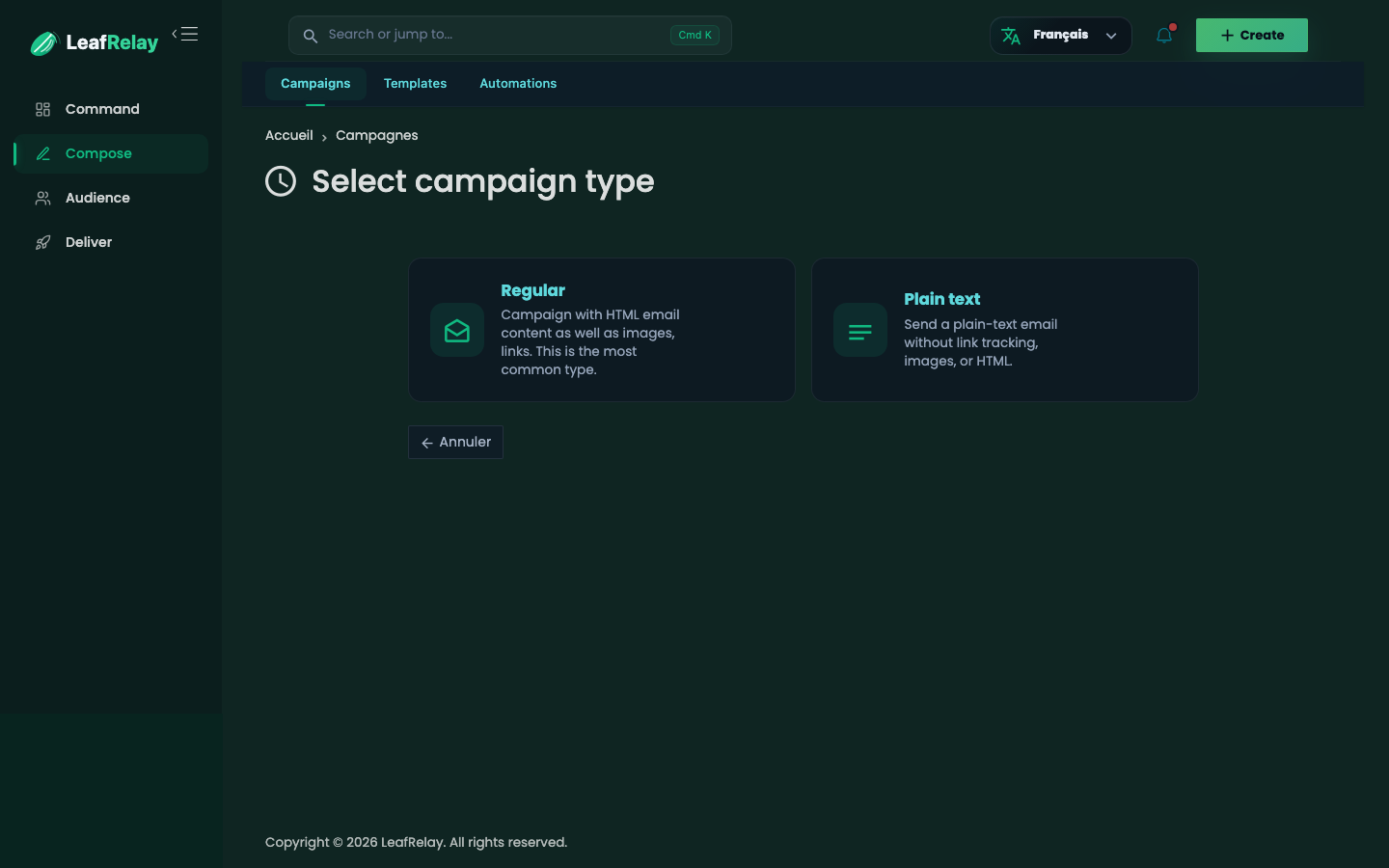 LeafRelay campaign type selection screen.
