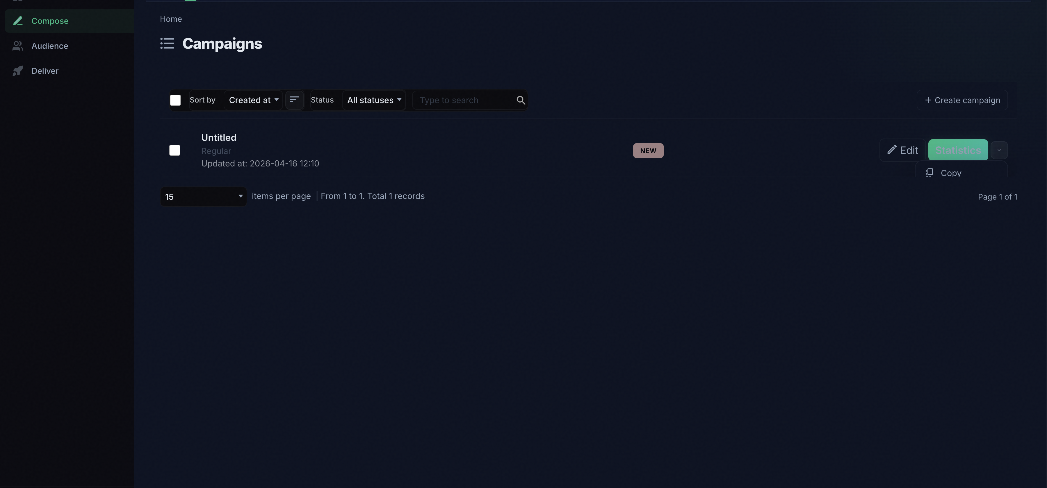 LeafRelay dashboard showing campaigns, search, navigation, and delivery controls.